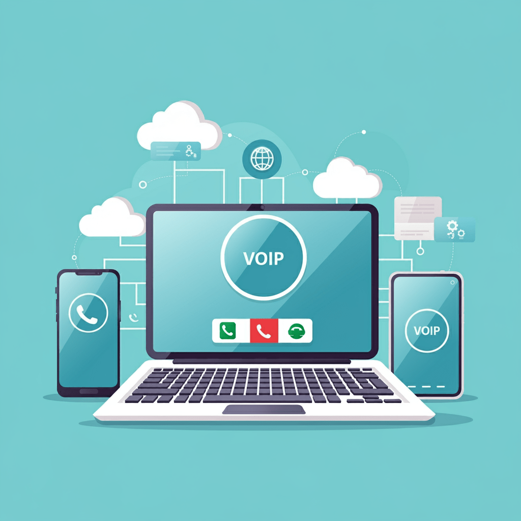 VoIP Services, A digital illustration showcasing VoIP technology, featuring a laptop, smartphones, and cloud-based connectivity symbols, representing communication through Voice over Internet Protocol.